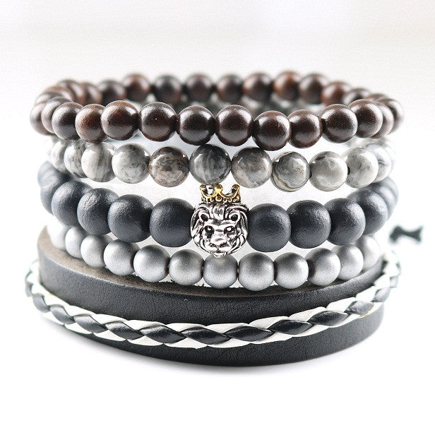 New Design 5 pcs 1 set Natural Stones Men Bracelets Women Charm Bracelets & Bangles Leather Wooden Beads Wrap Wristband Cuff