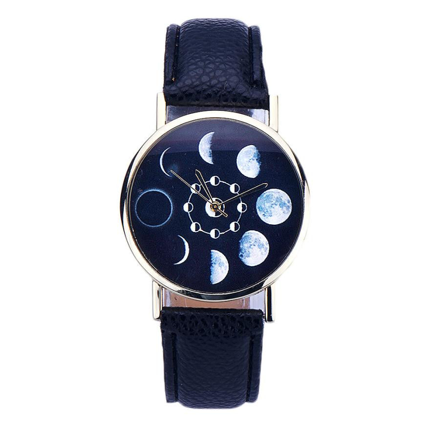 New Design Women watches Lunar Eclipse Pattern PU Leather band clock Analog Quartz Wrist Watch relogios feminino hour