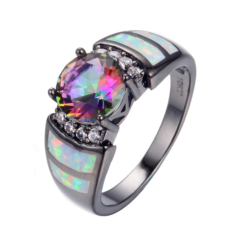 New Fashion Big Rainbow Opal & Crystal CZ Ring 10KT Black Gold Filled Vintage Jewelry Wedding Rings For Women