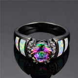 New Fashion Big Rainbow Opal & Crystal CZ Ring 10KT Black Gold Filled Vintage Jewelry Wedding Rings For Women