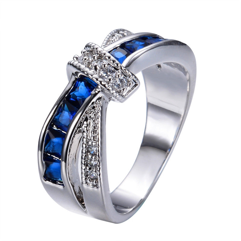 New Fashion Blue Female Ring White Gold Filled Jewelry Crossed Wedding Rings Engagement Rings For Women