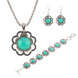 New Fashion Chain necklaces drop earrings Vintage Bracelets jewelry sets Turquoise Tibetan silver round gem Flower jewelry