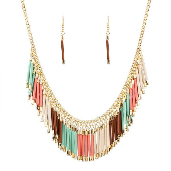 New Fashion Charm Jewelry Set Pendant Chain Resin Tassel Choker Statement Bib Necklace Earrings