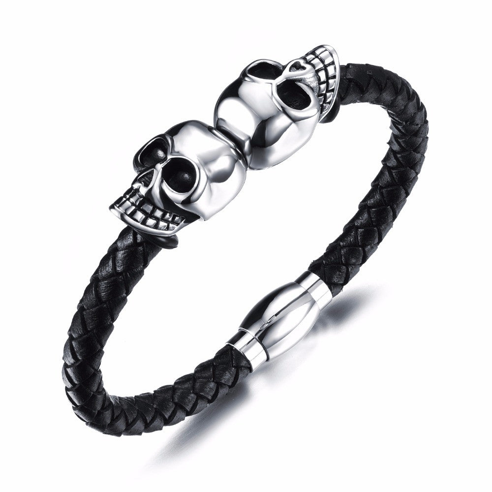 New Fashion Jewelry Man Accessories Handmade Cowide Leather Stainless Steel Skull Adornment Bangles Rock Punk Bracelet