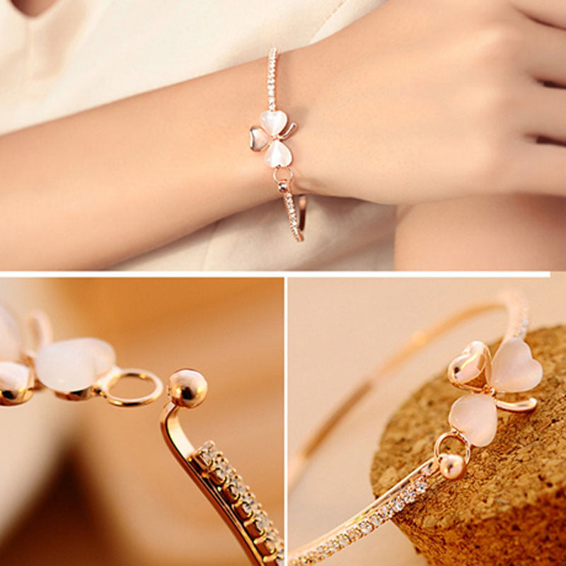 New Fashion Jewelry Sweet Clover Opal Charm Crystal Bows Love Heart Bracelet Bangle for Women