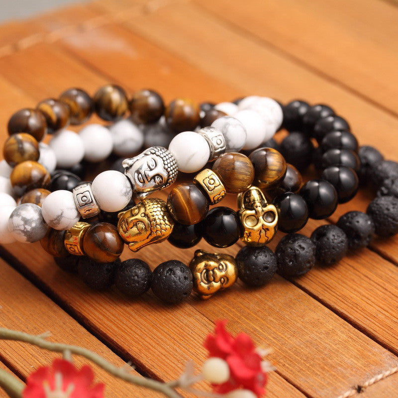 New Fashion Men's Bracelet Gold Silver Buddha skull Elastic Black Color Beaded Tibet Charm Lucky bracelets for women