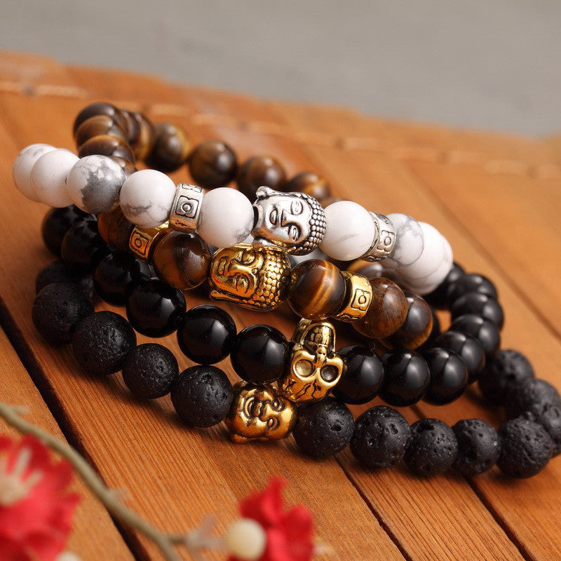 Fashion Men's Bracelet Gold Silver Buddha skull Elastic Black Color Beaded Tibet Charm Lucky bracelets for women