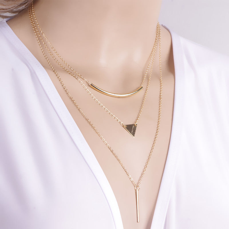 New Fashion Multi layer Geometric Designed Gold Silver Bar Stick Triangle Chain Choker Necklace Pendant 