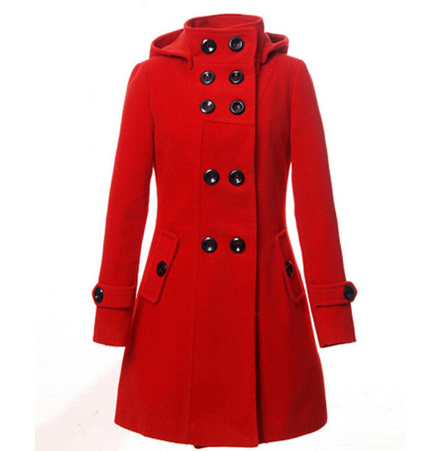 New Fashion Winter Wool Coat Women Coat Women's Slim Long Blend Hooded Collor Double Breasted Coat Outerwear