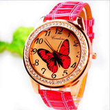 New Fashion Women Wristwatch Cute Butterfly Pattern Rhinestone Casual Watch PU Leather Quartz Dress Watch Women Ladies Watch