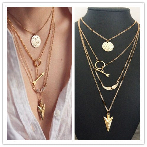 New Fashion accessories jewelry arrow multi layer necklace gold color gift for women girl