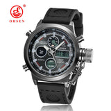 New OHSEN Men Watch Dual Time Zone Alarm LCD Sport Watch Mens Quartz Wristwatch Silicone Waterproof Dive Sports Digital Watches
