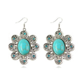 New Silver Color Oval Turquoise Earrings Charming Crystal Flower Shaped Dangle Earrings for Women Fine Jewelry