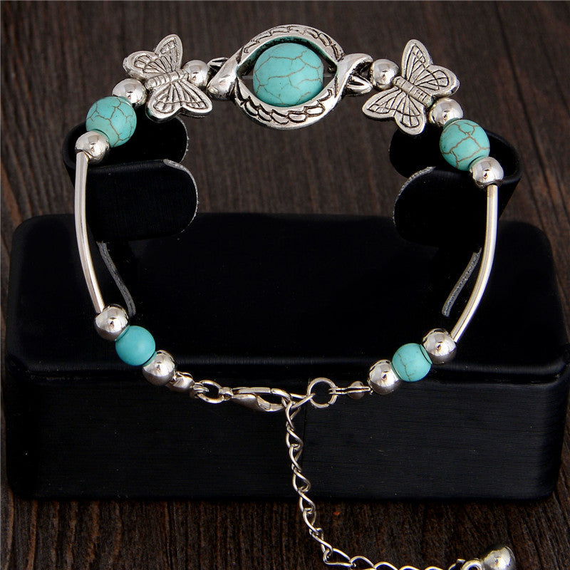 New Tibetan Silver Color Turquoise Bracelets & Bangles Inlay Butterfly Bead Nation Bohemian Bracelets For Women Fine Jewelry