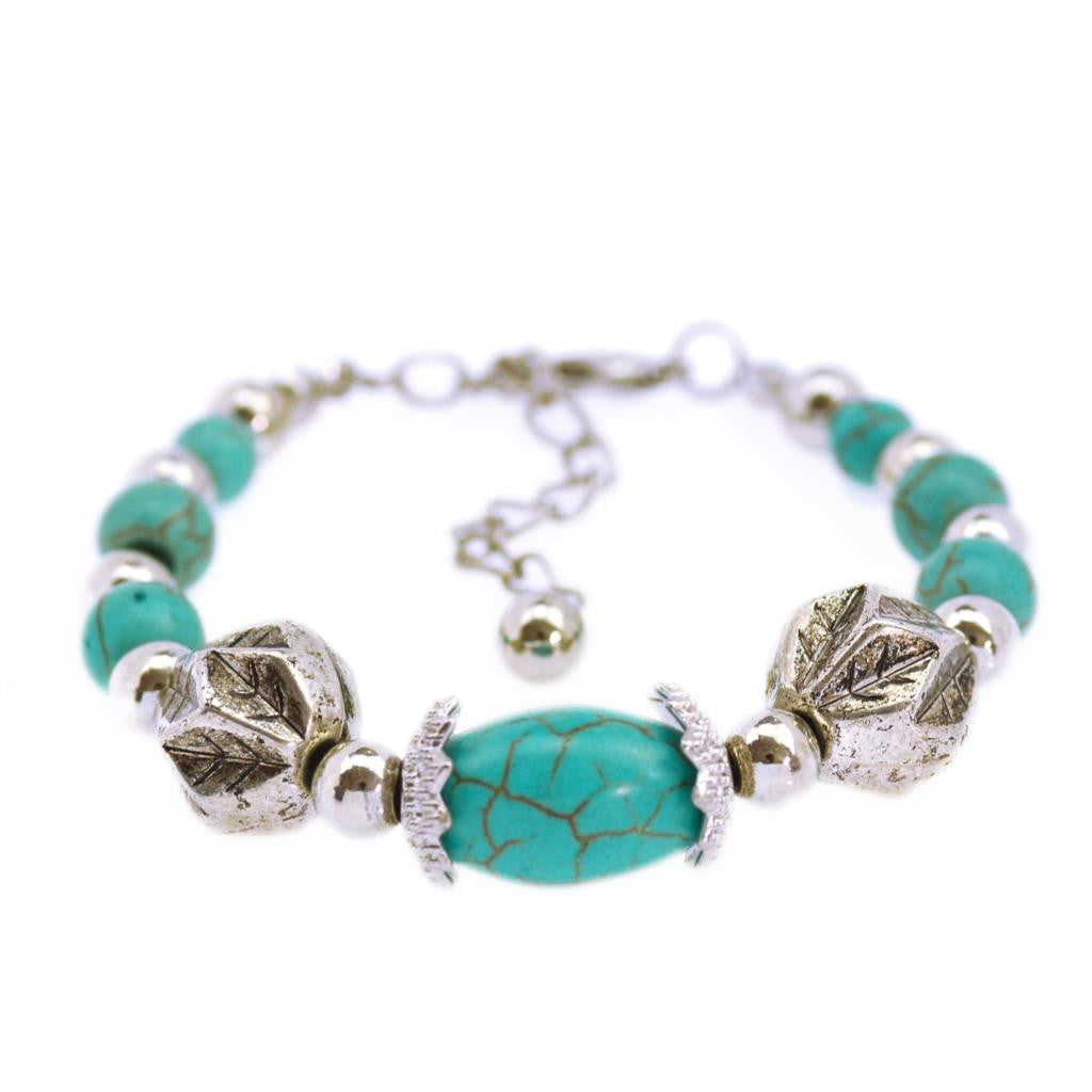 Tibetan Silver Color Turquoise Bracelets & Bangles Inlay Roundness Bead Nation Bohemian Bracelets For Women Fine Jewelry