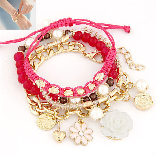 New Vintage Design Women Bangles Fashion Simple Rose Flower Pearl Bead Crystal Charms Multielement Bracelet Fine Jewelry