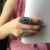 New Vintage Tibetan Silver Plated Unique Carving Metal Ring and Black Faux Stone Ring Set 2pcs/Set