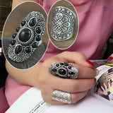 New Vintage Tibetan Silver Plated Unique Carving Metal Ring and Black Faux Stone Ring Set 2pcs/Set