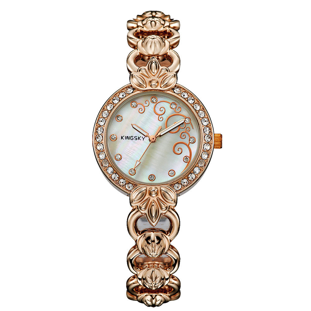 New Women Fashion Casual Watch Rose Gold Crystal Full Stainless Steel Bracelet Analog Display Luxury Women Rhinestone Watches