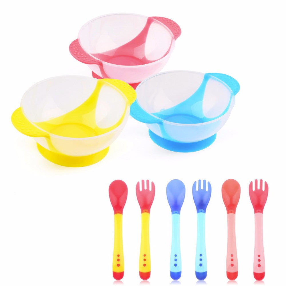New 1Set/3Pcs Baby Spoon Bowl Learning Dishes With Suction Cup Assist food Bowl Temperature Sensing Spoon Baby Tableware