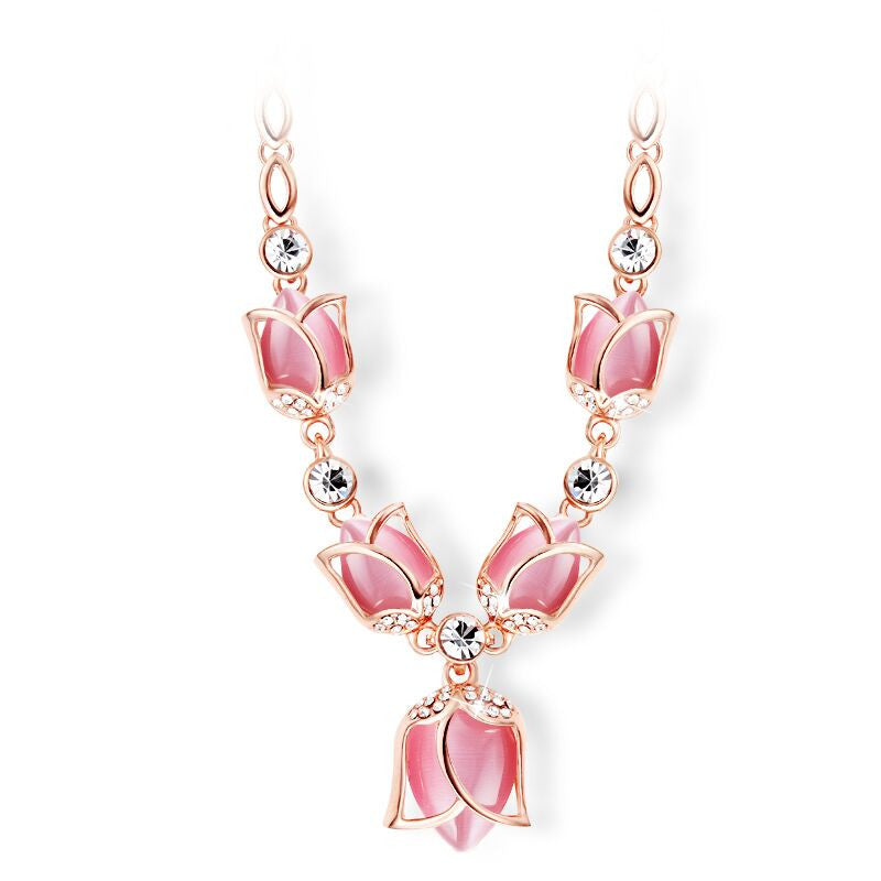 New Chokers Necklaces Romantic Rose Gold Plated White Pink Beige Created Opal Rhinestone Tulips Necklace For Women Jewelry
