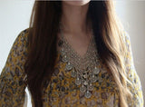 New AntiqueTibetan Silver Bohemian Style Metal Carving Coin Flower Long Tassel Statement Necklaces