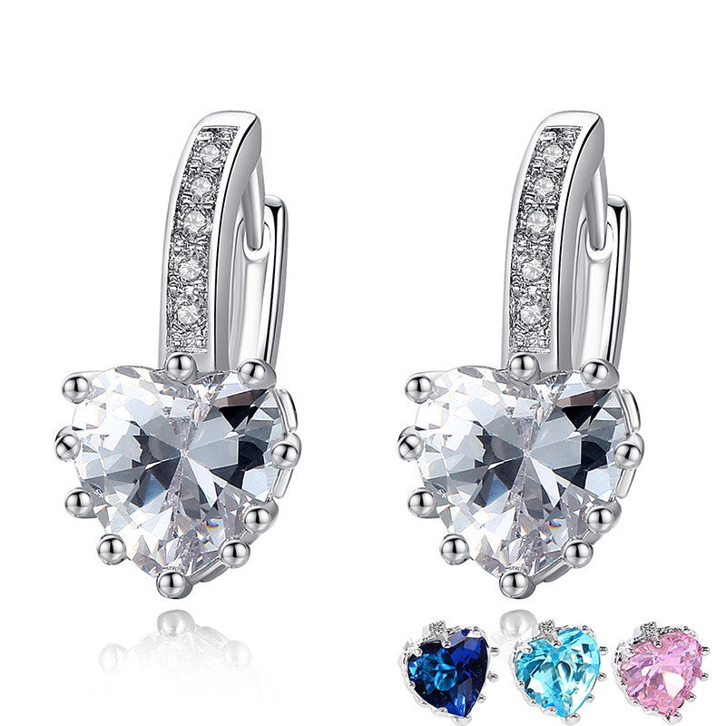 New Arrival Platinum Plated 4 Color Stones Heart Shape Trendy & Elegant AAA Zircon Stud Earring for Party Gift