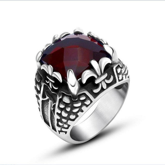 New Arrival Sales Fashion Ring For Men Punk Rock Heavy Solid Stainless Steel Gothic Mens Rings Red Stone Men's Ring Jewelry