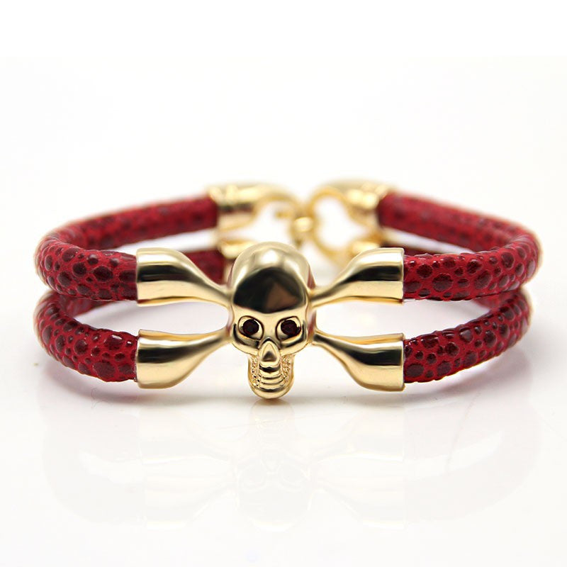New Arrival baseball stingray leather skull bracelet Luxury man Skull Bracelet handmade high qaulity leather bracelet