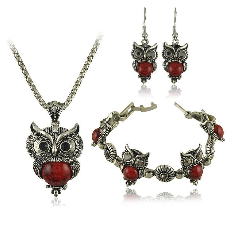 New Vintage Design Owl Jewelry Sets Tibetan Vintage Silver Retro Turquoise Stone Pendant Necklace drop earrings Charm bracelet Set