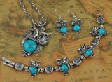 New Vintage Design Owl Jewelry Sets Tibetan Vintage Silver Retro Turquoise Stone Pendant Necklace drop earrings Charm bracelet Set