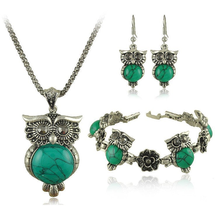 New Brand Design Owl Jewelry Sets Tibetan Vintage Silver Retro Turquoise Stone Pendant Necklace drop earrings Charm bracelet Set