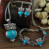 New Brand Design Owl Jewelry Sets Tibetan Vintage Silver Retro Turquoise Stone Pendant Necklace drop earrings Charm bracelet Set
