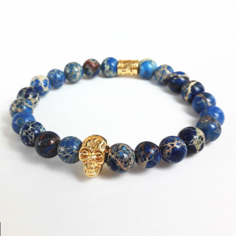 New Design High Grade Men Jewelry 8mm Black Lava stone and Blue Sea Sediment Stone Bead with 24K Gold Skull Bracelet