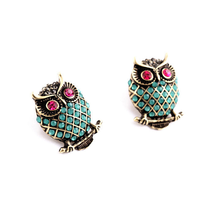 New Design Vintage Personality Imitation Gemstone Owl Women Stud Earrings Fashion Jewelry