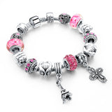 New Fashion 925 Silver Bracelet For Women Flower Tower Bracelet Pink Crystal Beads Paris Charms Diy Pulsera 