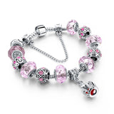 New Fashion 925 Silver Bracelet For Women Flower Tower Bracelet Pink Crystal Beads Paris Charms Diy Pulsera