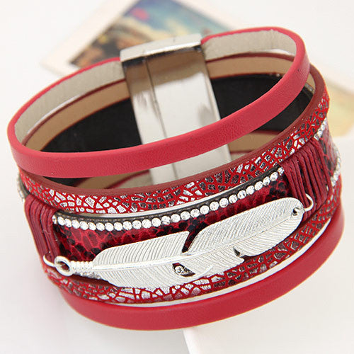 New Fashion Alloy Feather Leaves Wide Magnetic Leather bracelets & bangles Multilayer Bracelets Jewelry for Women Men Gift