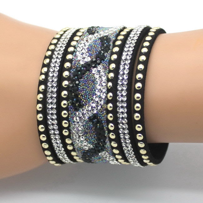 New Fashion Charm Women Leather Bracelets Personality Printed Pave Setting Rhinestone Bracelet