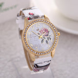 New Fashion Chinese Style Peony Pattern Watch Gilt Digital Quartz Casual Leather Clock Women Dress Cartoon Wristwatch