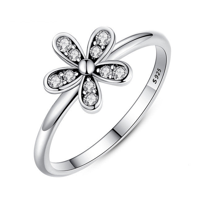 New Fashion Elegant Original 925 Sterling Silver Dazzling Daisy Flower Ring Clear CZ Compatible with Jewelry