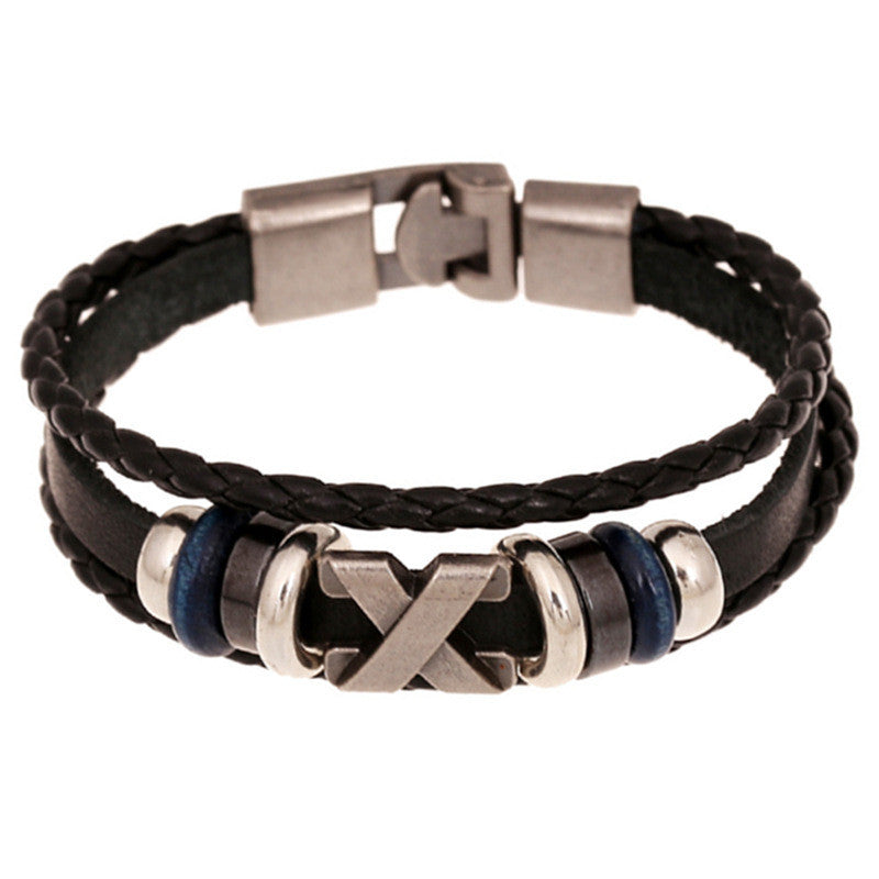 Fashion punk Leather handmade beaded bracelet personality alloy X Casual vintage bracelet fashion men bracelet