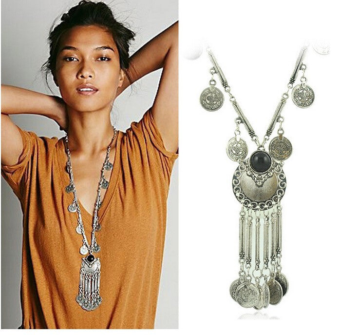 Fashion Boho Jewelry Long Tassel Necklace for Women Vintage Antique Silver Coins Necklaces & Pendants Bohemia Maxi Collares