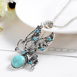 New Fashion Jewelry Natural Turquoise Stone Pendant Necklace Women lover Valentine's Day gifts vintage Butterfly necklaces