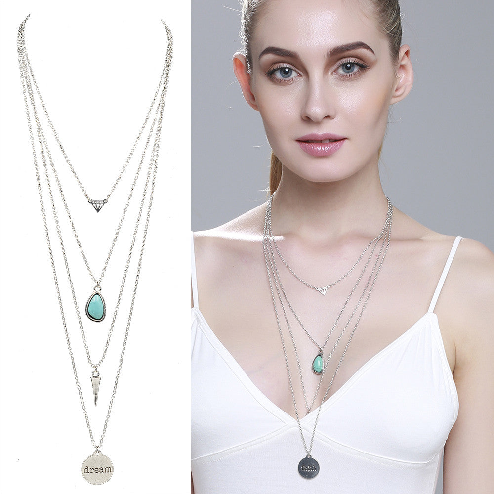 New Fashion Long Multi Layer Necklace & Pendants Turquoise Vintage Gold Plated Chain Necklace For Women