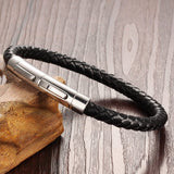 New Fashion Popular Jewelry Mens Stainless Steel Black Leather Bracelets Man Hand Chain Vintage Bangles