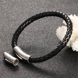 New Fashion Popular Jewelry Mens Stainless Steel Black Leather Bracelets Man Hand Chain Vintage Bangles