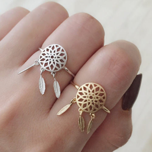New Fashion Silver Color feather charm open-end dreamcatcher Rings For Women Dream Catcher Jewelry