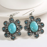 New Fashion Simple Geometric flower blue gem Bohemia Retro big Turquoise earrings for women flower long earring