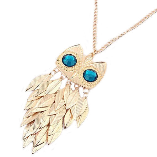 New Fashionable Stylish Gold Leaves Owl Charm Chain Long Women Pendant Necklace